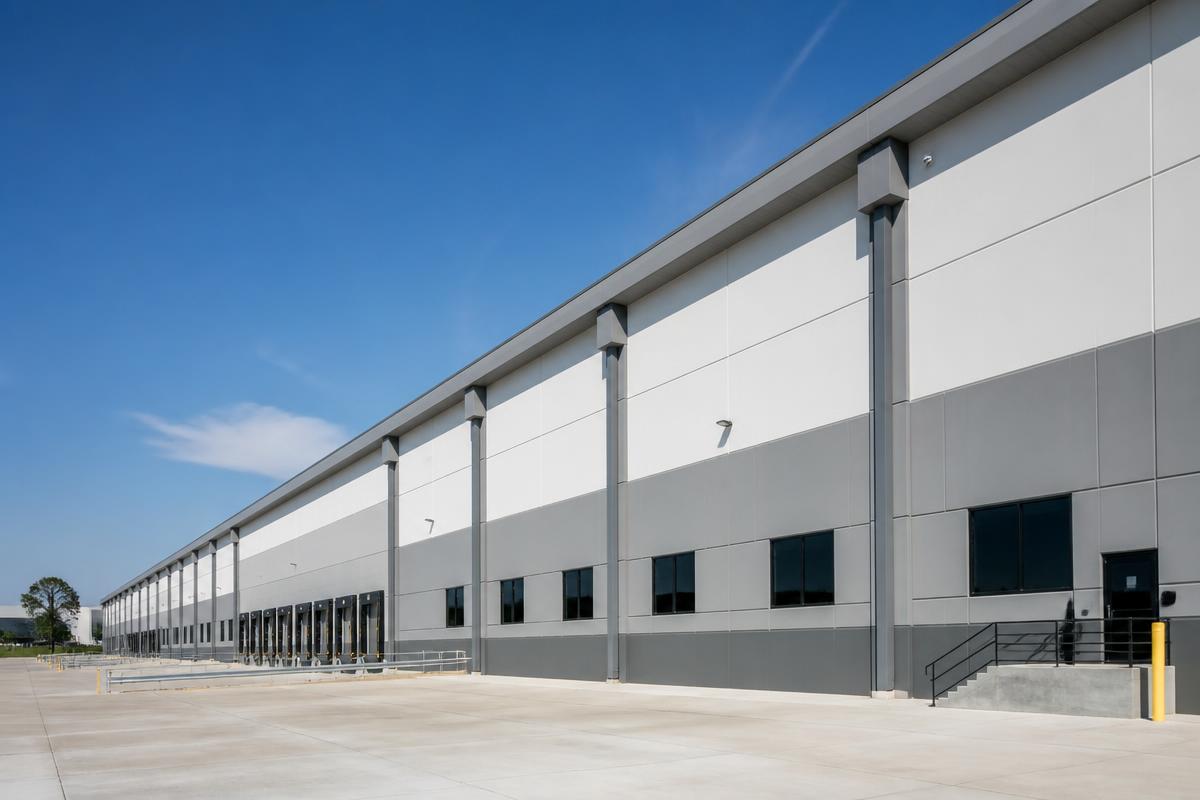 Commercial warehouse building with high-capacity gutters and downspouts along the roofline