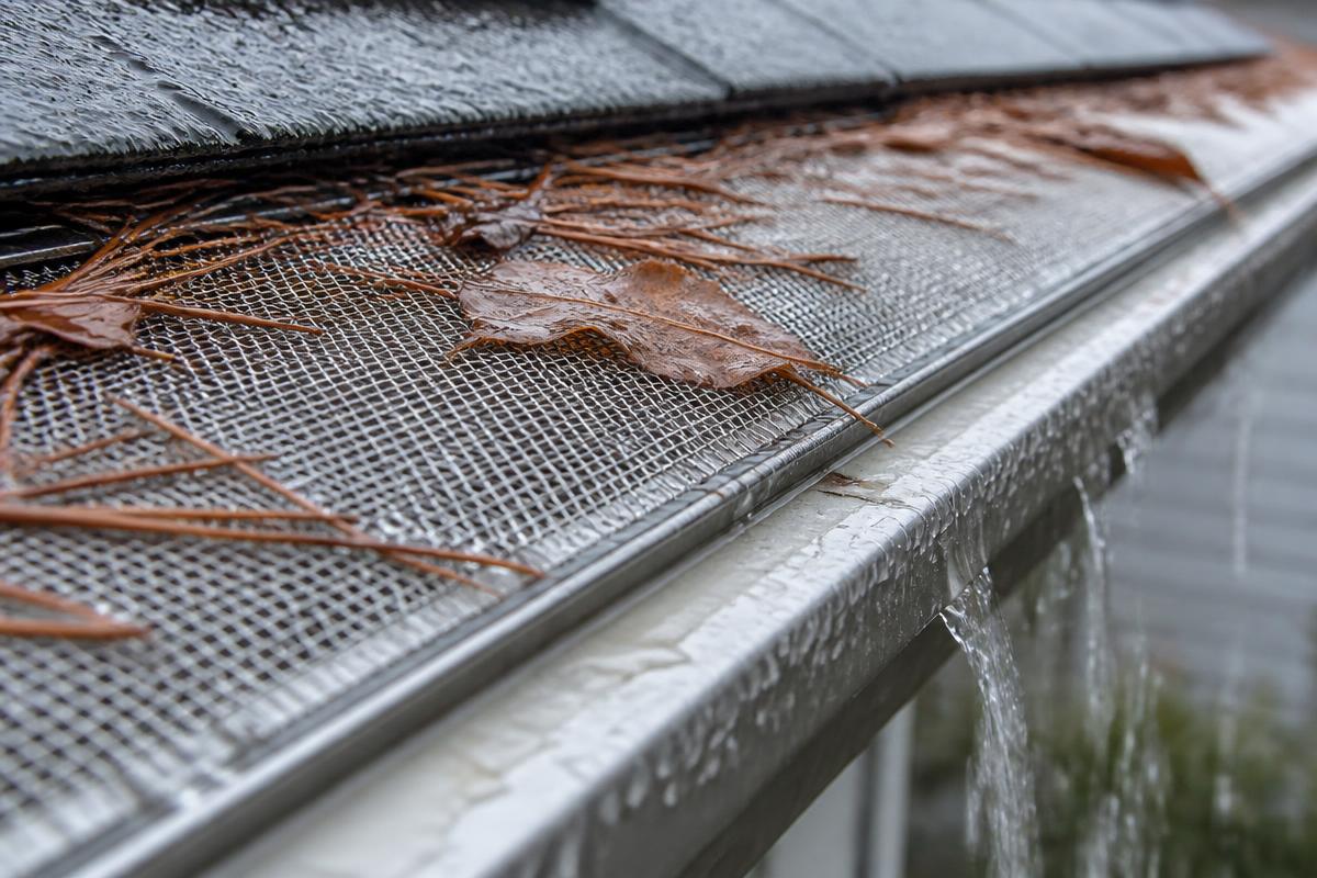 Micro-mesh gutter guard with pine needles and leaves resting on the surface while water drains